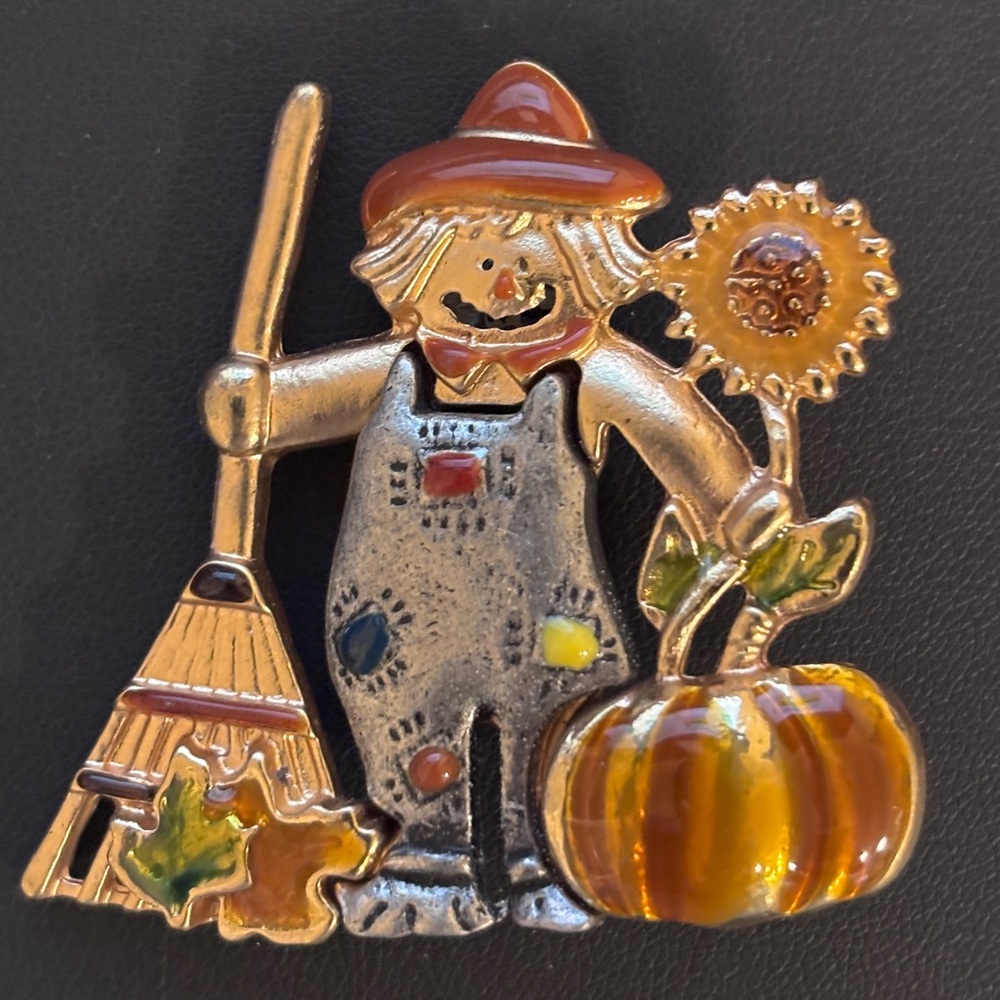 Fall Colorful Scarecrow Brooch with Pumpkin and Sunflower - (#1932)
